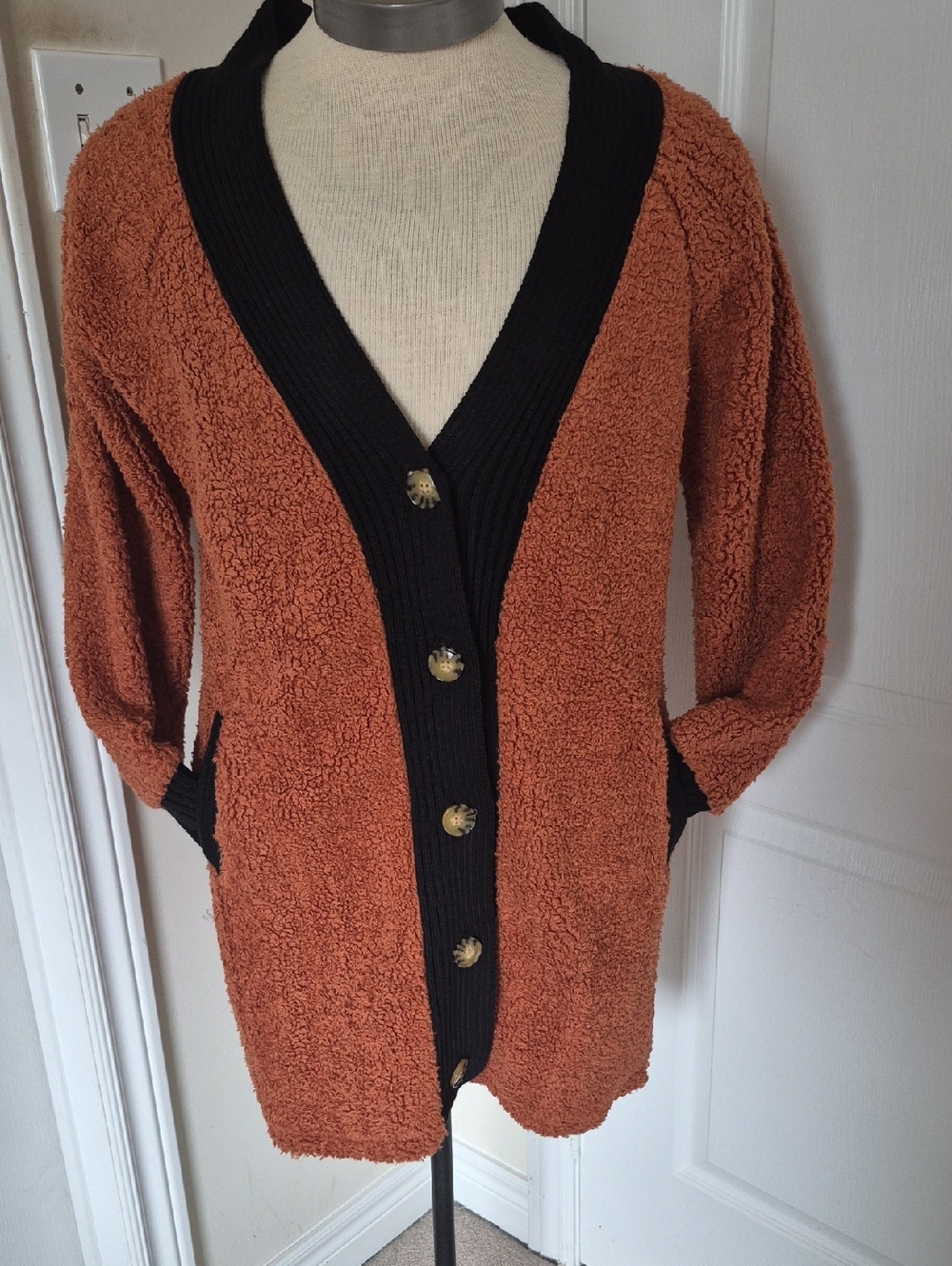 Rust Teddy Cardigan with Black Trim - Stylish Cozy Layer